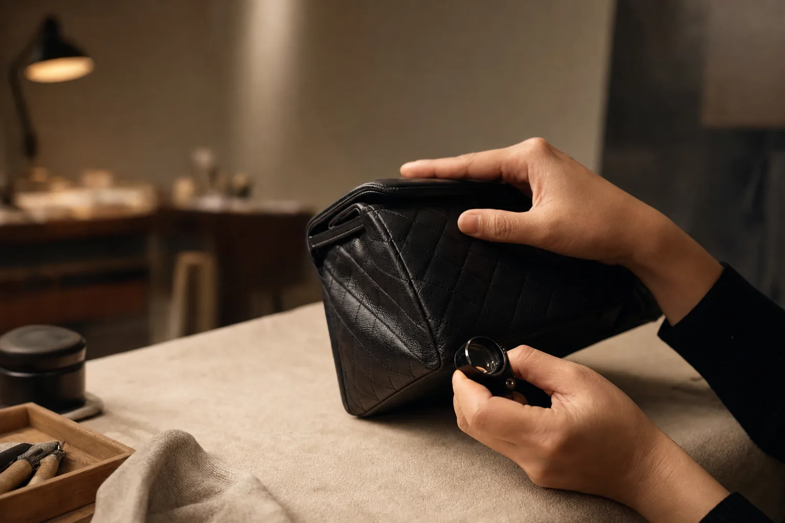 Hands holding a jeweler's loupe over the bottom corner seam of an unbranded quilted dark leather flap bag on a cloth counter