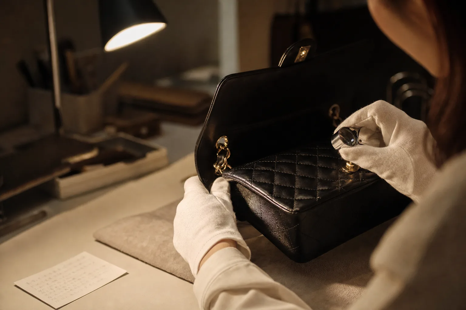 Hands holding a loupe to the corner of a black quilted lambskin handbag under a raking desk lamp, with a handwritten item