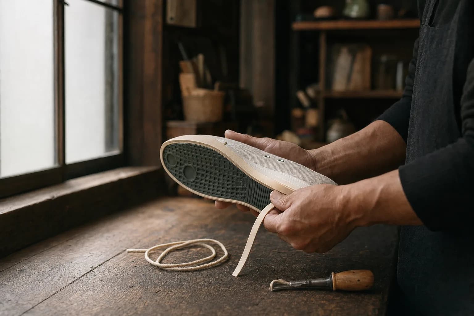 Hands holding a canvas sneaker sole-up, showing pale unbleached foxing tape along the lower edge, over a wooden workshop