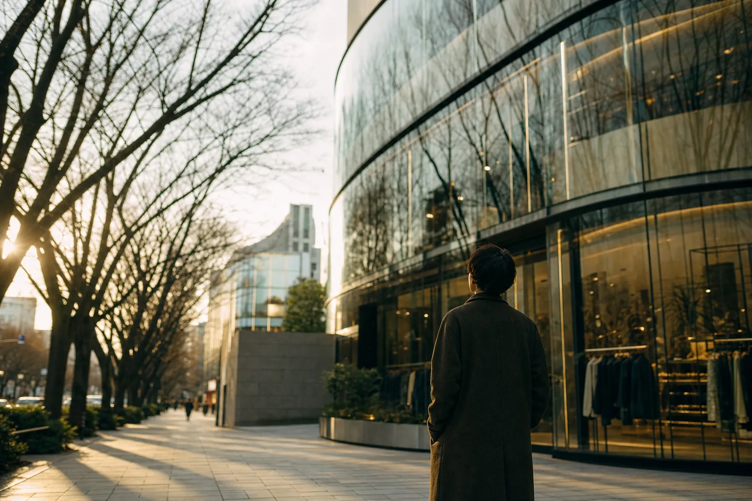 Person with back to camera gazing up at a curved glass boutique facade on a wide, tree-lined Tokyo avenue
