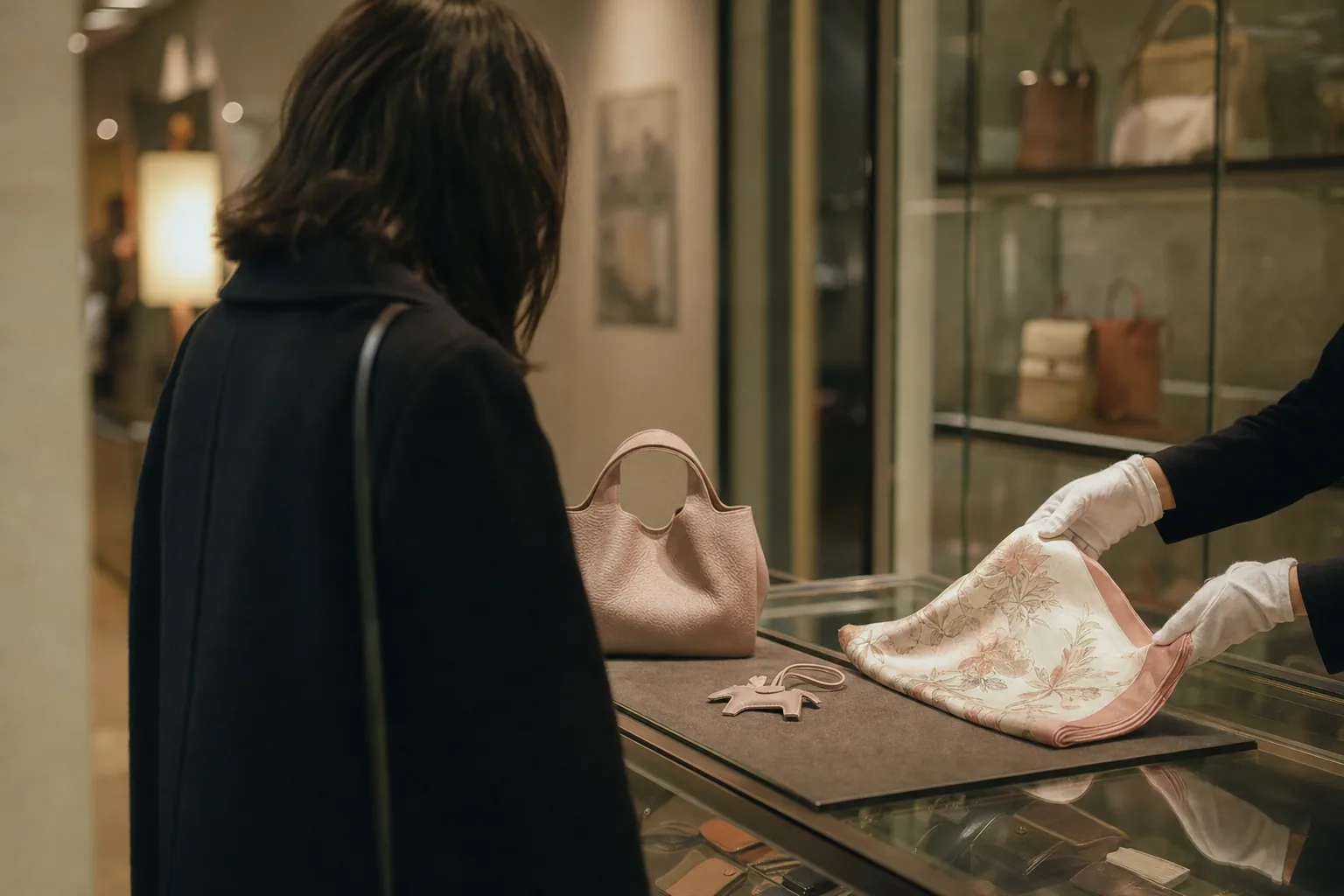 Woman in dark coat at a Japanese consignment shop counter, gloved assistant lifting a folded silk scarf beside a pale pink