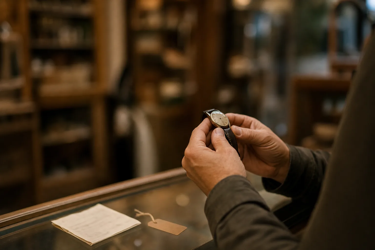Hands examining a small unbranded watch on a glass shop counter beside a blurred receipt and a plain tag
