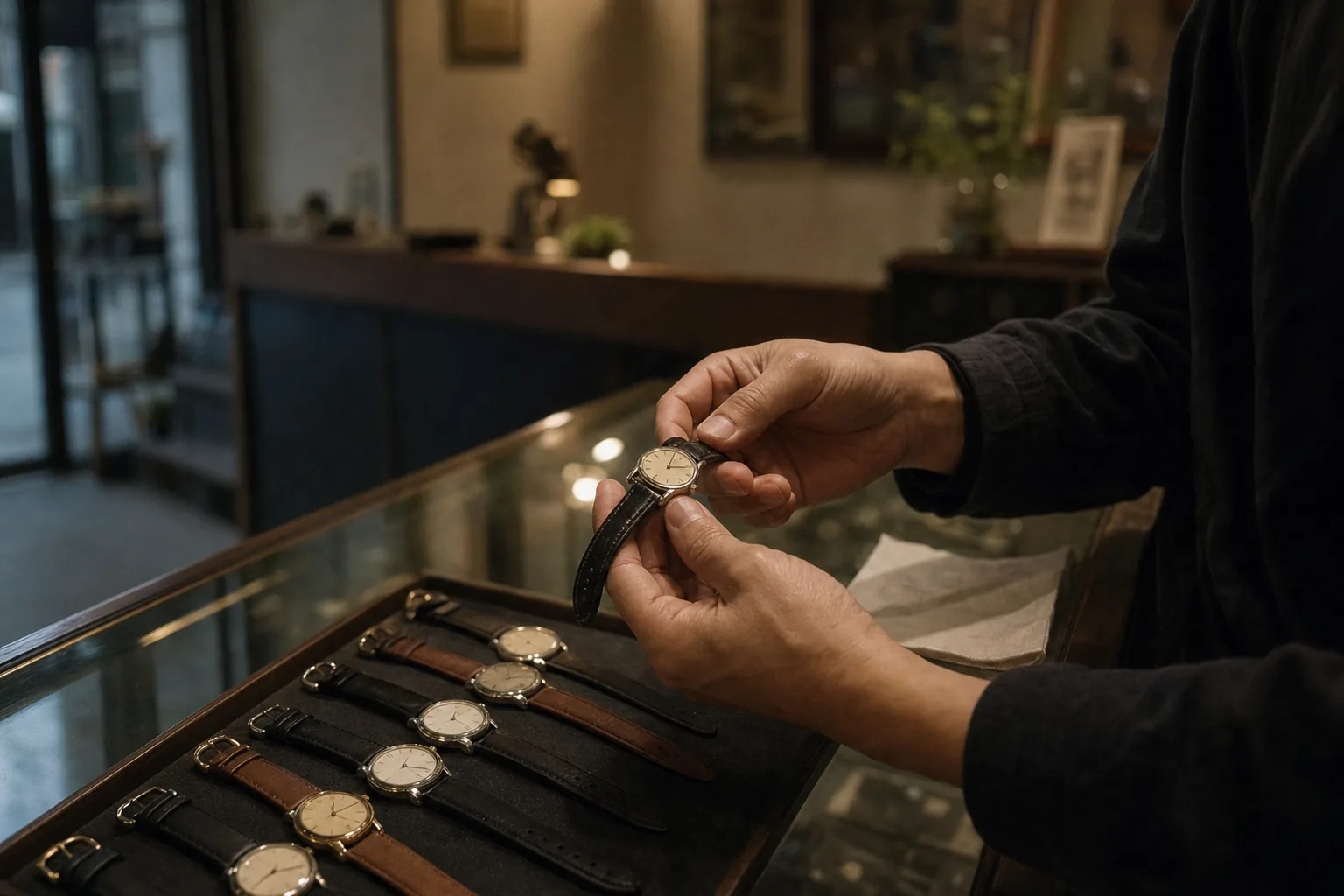 Hands holding a slim unbranded dress watch over a glass display counter lined with watches on dark felt in a specialist