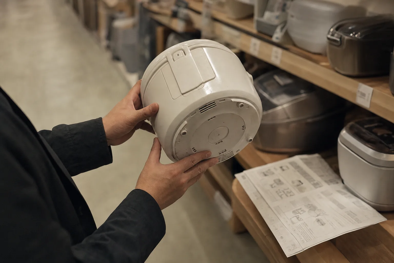 Hands inspecting the base of an unbranded white automatic cooker on a Japanese electronics shop shelf, Japanese manual