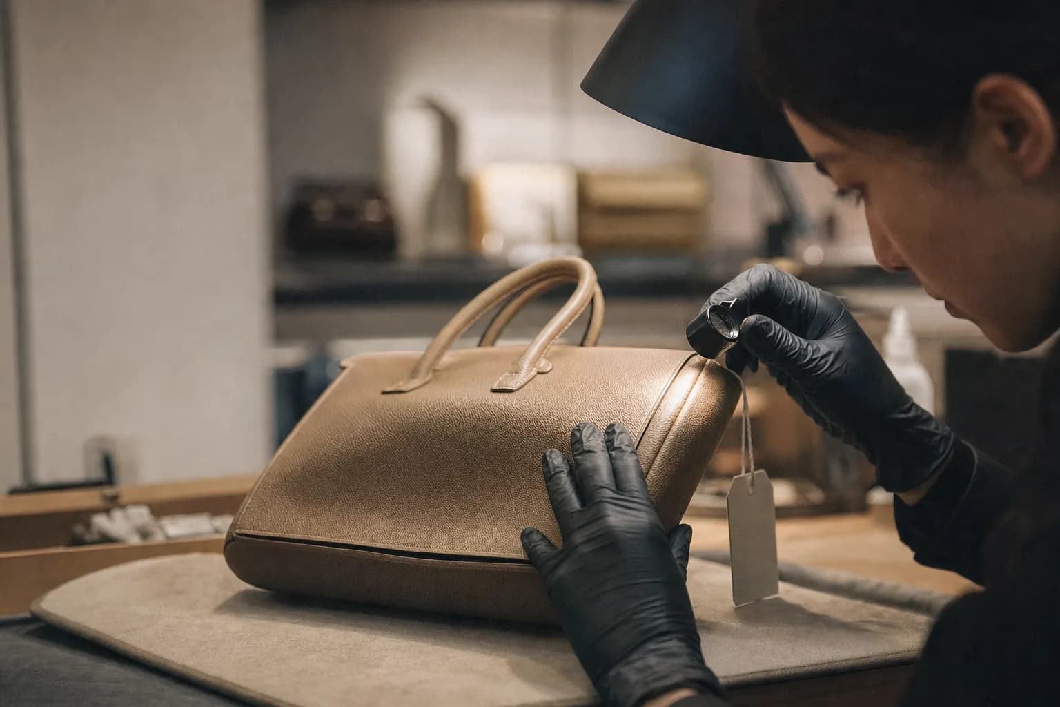 Gloved hands hold a loupe over the corner of a tan leather handbag under a focused desk lamp during a resale appraisal