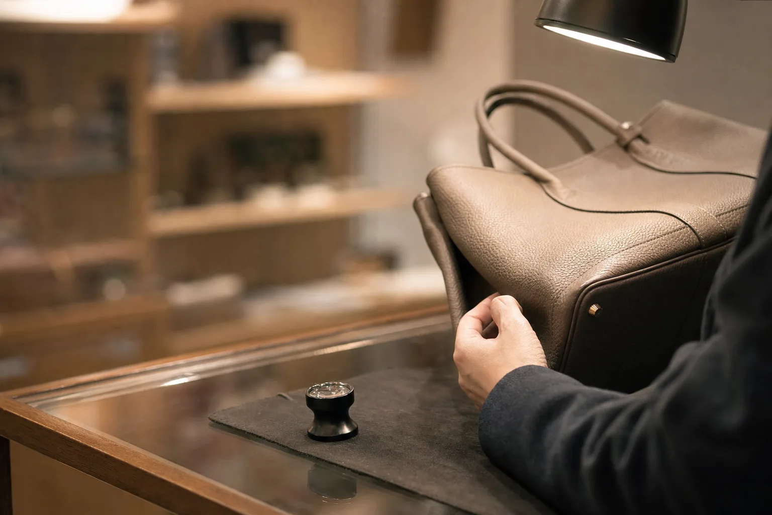 Hands holding an unbranded leather bag corner under bright shop lighting, with a loupe on the counter nearby