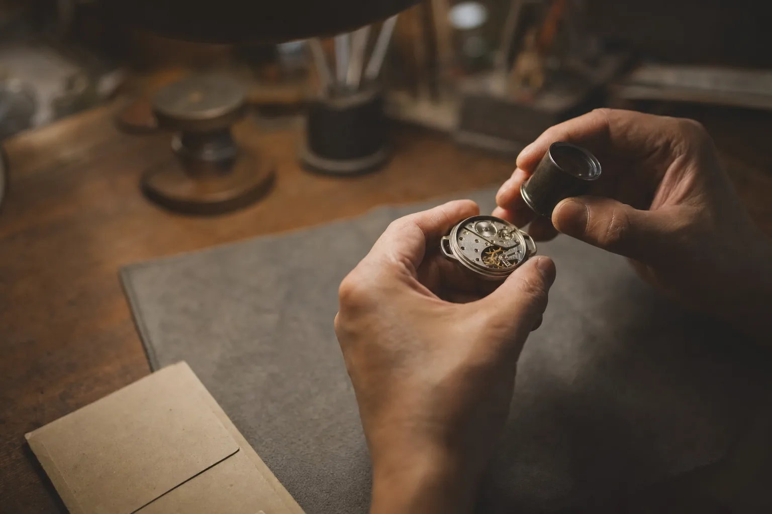 Hands hold an open watch case under a jeweller's loupe on a grey inspection cloth, movement exposed in raking neutral light