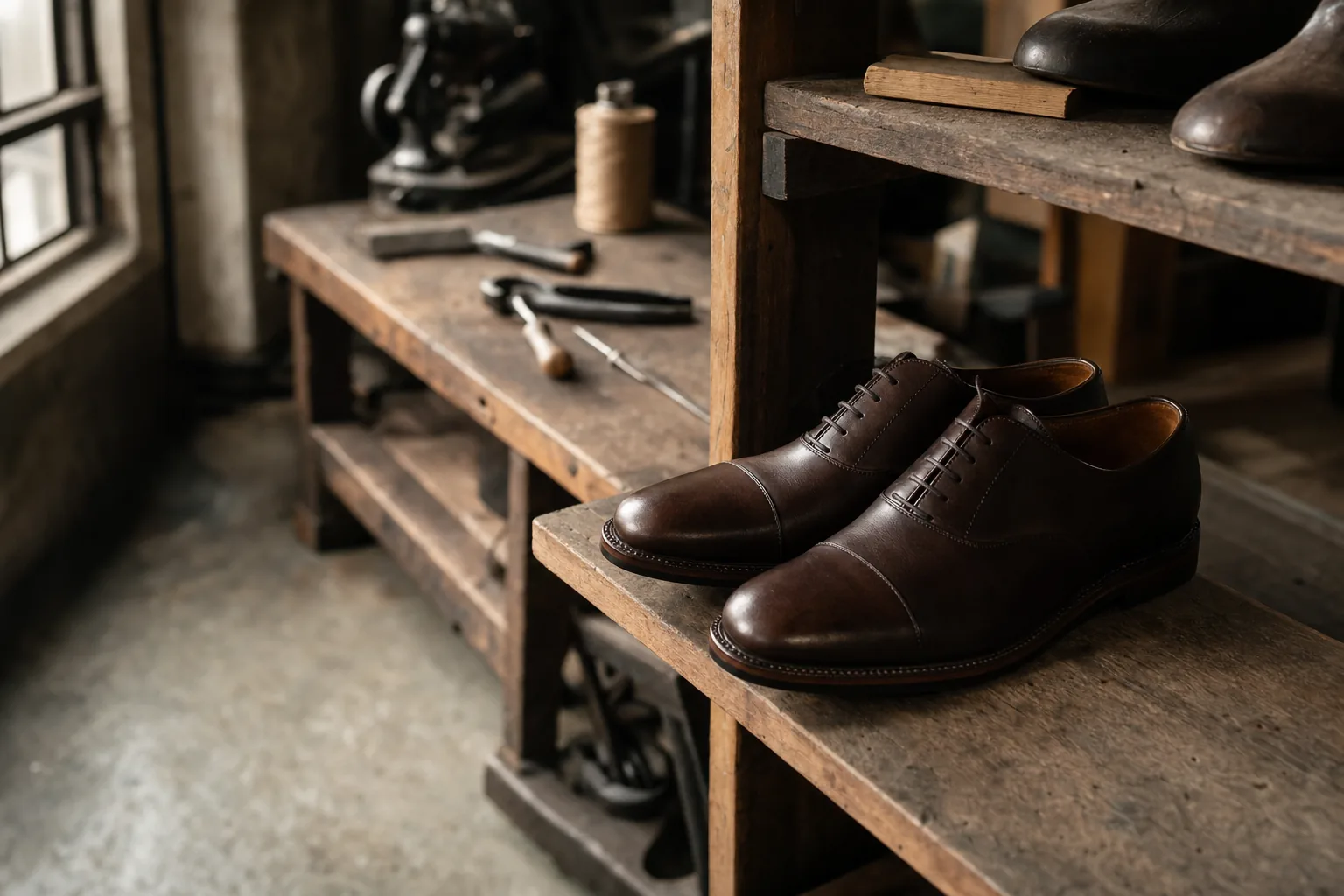 Dark brown leather Oxford shoes on a wooden shelf in a Japanese shoemaking workshop, welt stitching visible.