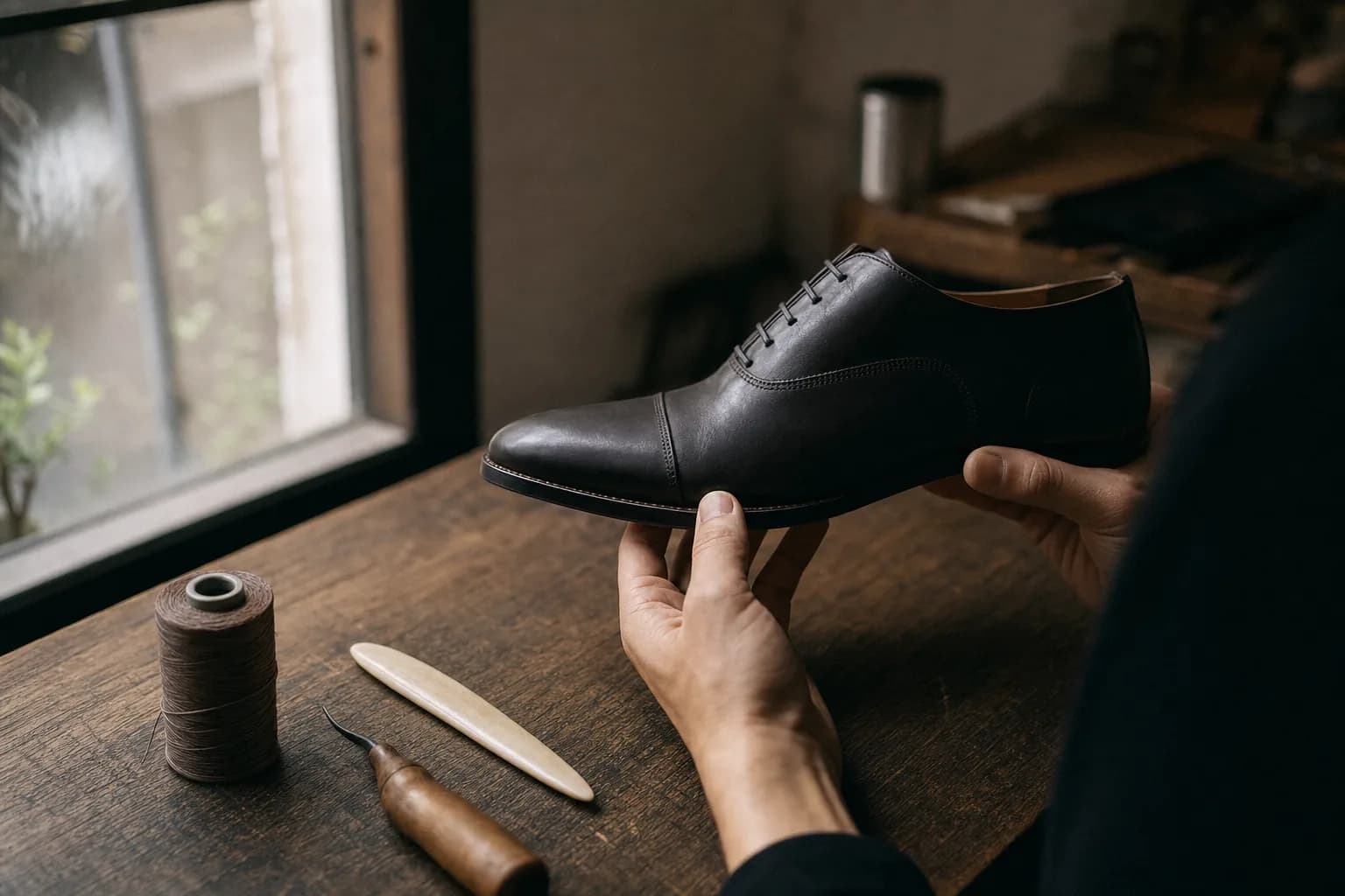 Craftsman's hands holding an unbranded dark leather oxford over a wooden workbench, with a bone folder and waxed thread