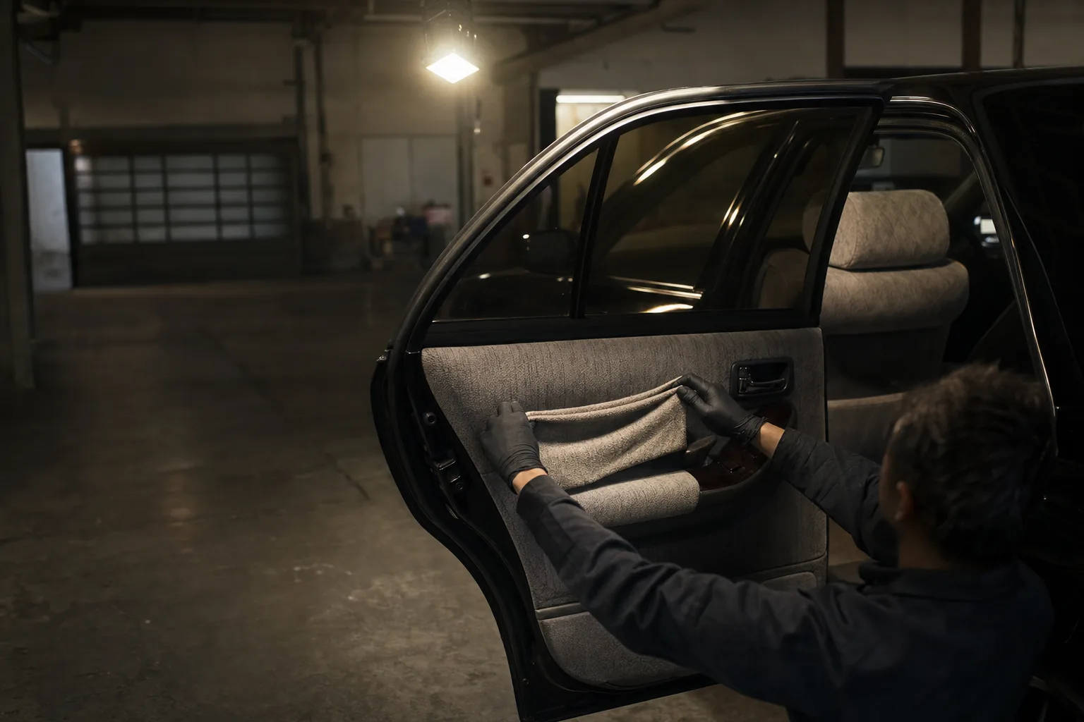Gloved hands inspecting wool upholstery inside the rear cabin of a long black unbranded sedan in a Japanese service bay