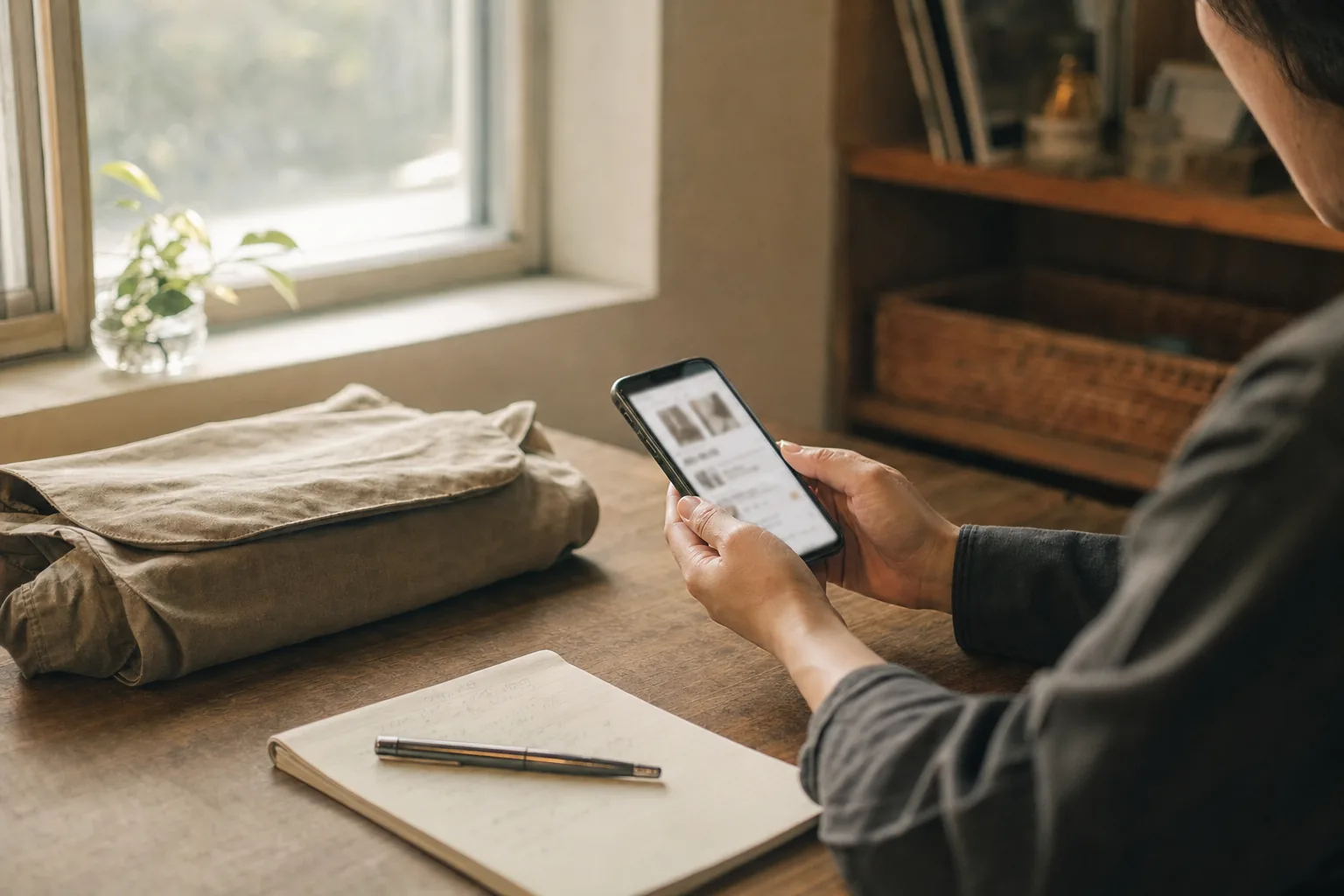 Hands holding a smartphone showing a blurred Japanese-language listing, beside a closed unbranded bag on a wooden desk