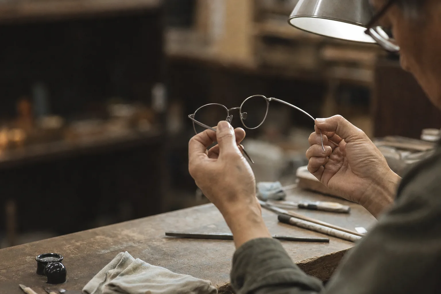Hands adjusting an unbranded titanium eyeglass frame under a task lamp on a workshop bench in Sabae, Japan