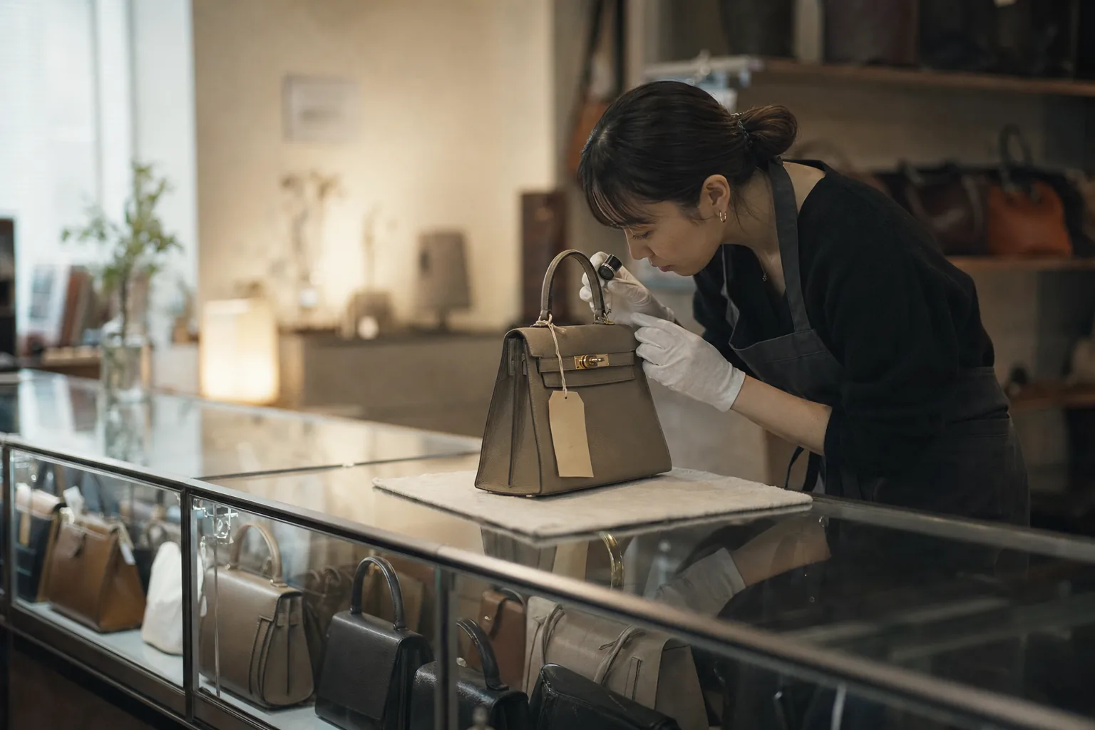 Shop staff examining hardware on a pre-owned leather bag through a loupe inside a Japanese resale shop