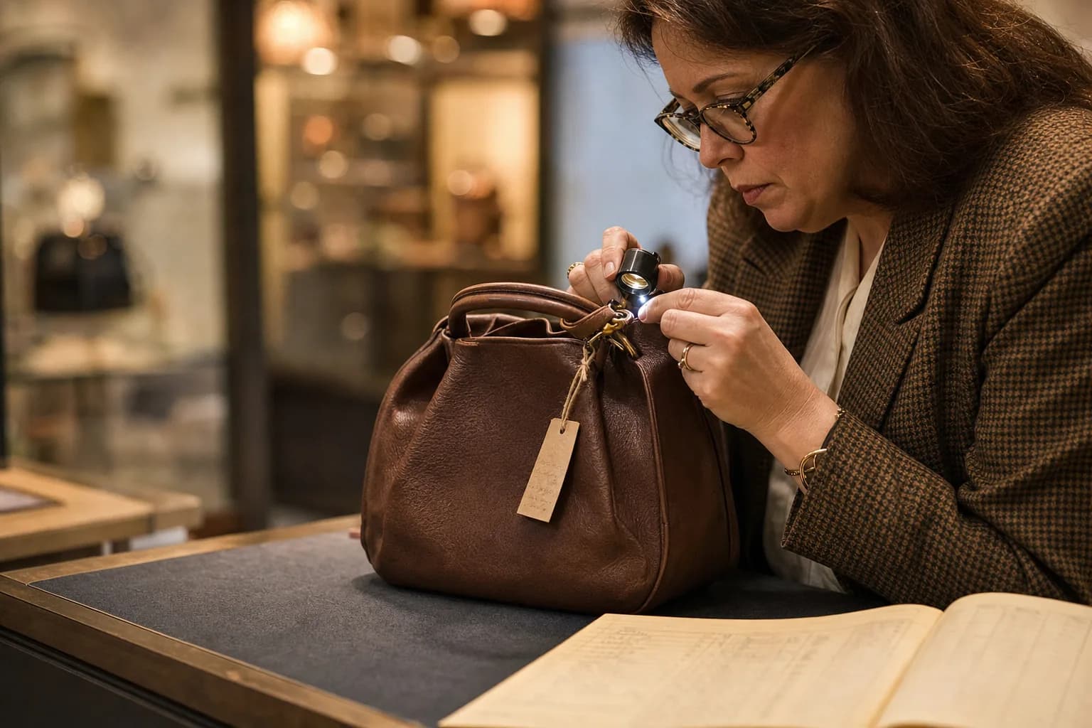 Gloved hands pressing a loupe to the hardware of an unbranded leather handbag on a padded shop counter, condition tag