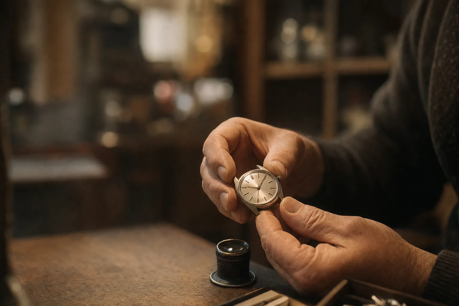 Hands holding a small unbranded watch under focused shop light, with a jeweler's loupe resting on the counter beside it