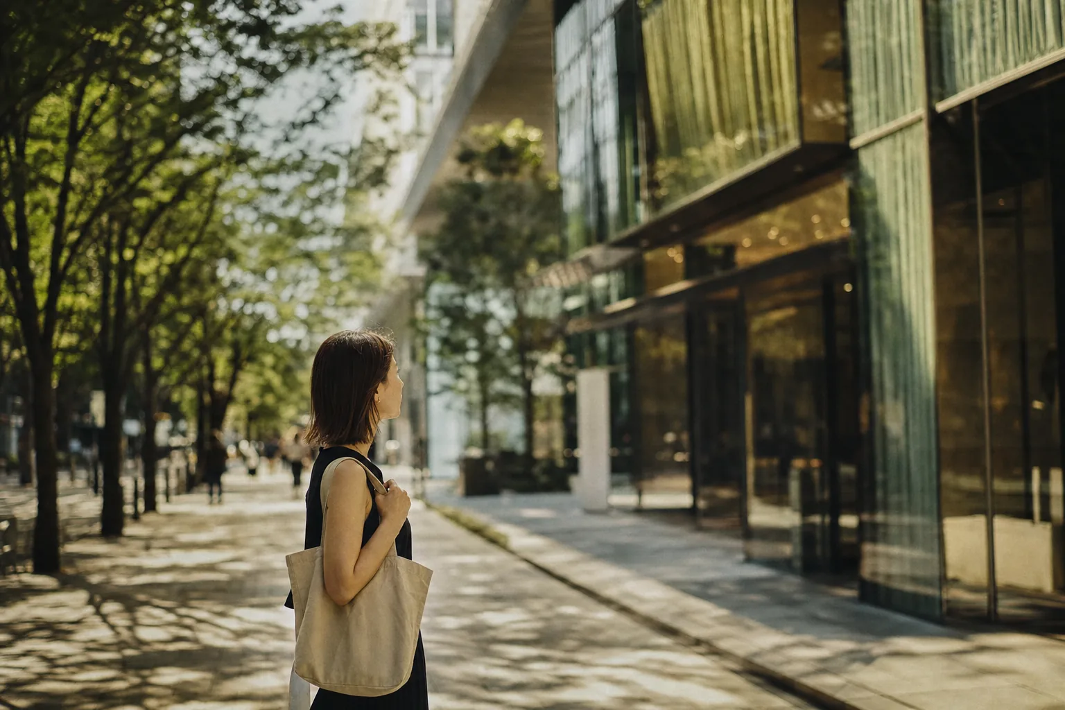 A woman in profile pauses on a wide tree-lined Tokyo shopping boulevard, looking toward a glass-fronted building in