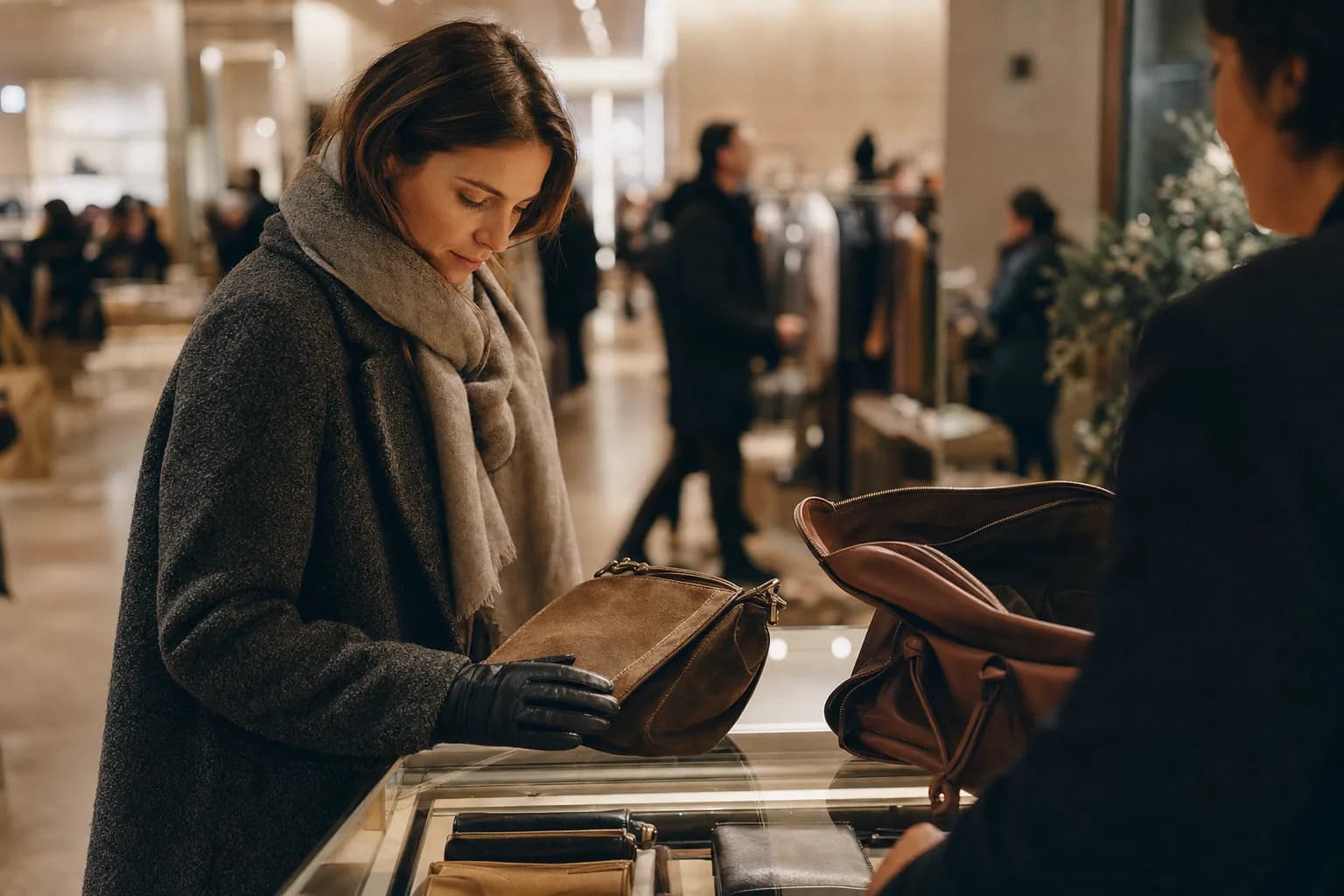 Shopper in winter coat examining an unbranded leather bag on a department store counter in early January