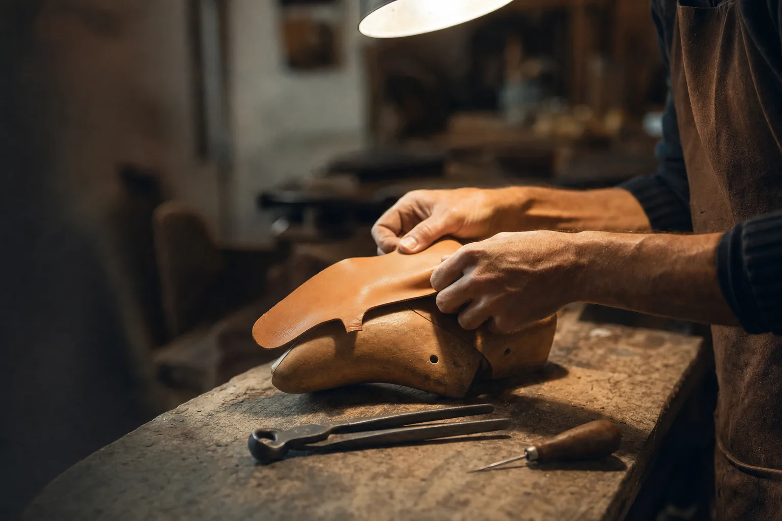 Craftsperson's hands stretching a tan leather upper over a wooden shoe last with lasting pliers on a workbench