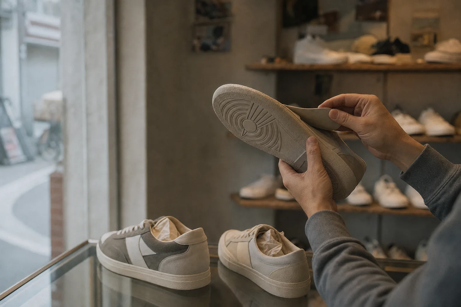 Hands in a small shop hold a trainer sole-up, insole peeled back toward window light, two more unbranded shoes resting on a