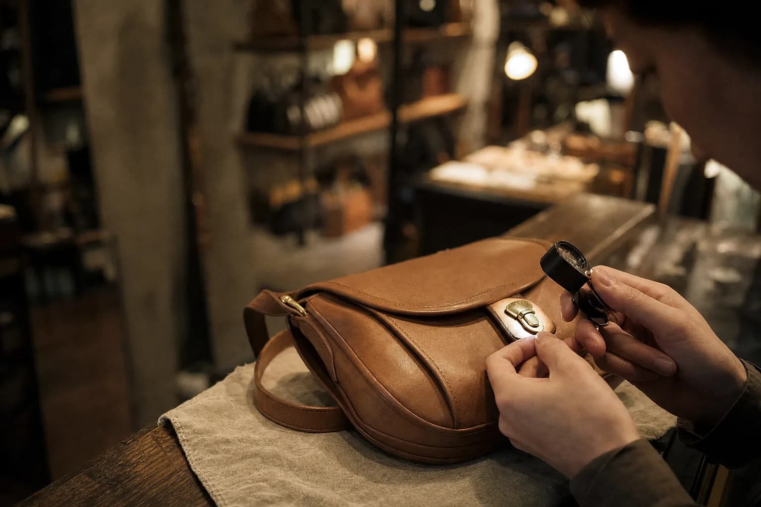Hands holding a loupe over the clasp hardware of an unbranded tan leather bag on a cloth-covered shop counter