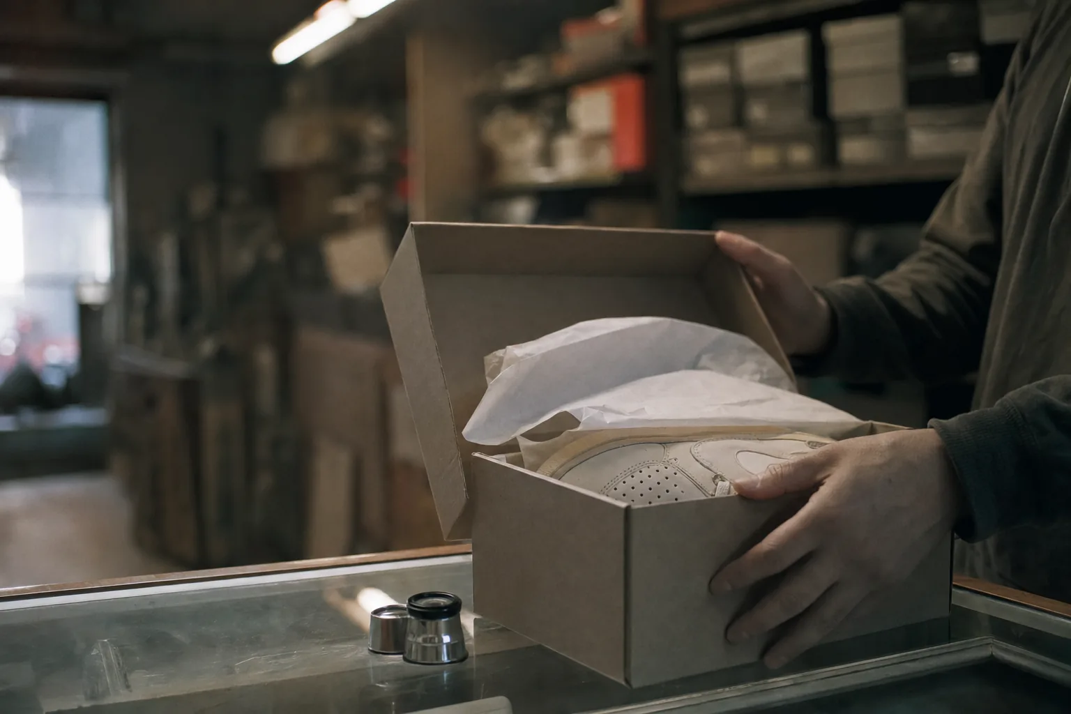 Hands opening an unbranded sneaker box on a glass shop counter, loupe resting nearby, shelves of stacked boxes blurred in