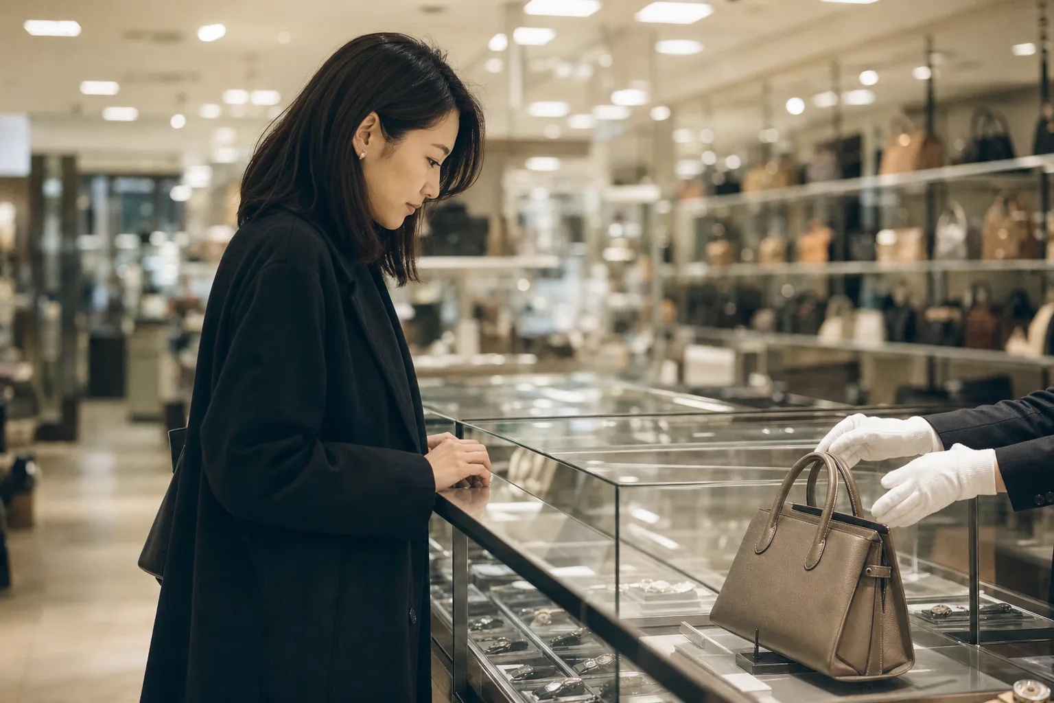 Woman at a glass display counter in a Japanese pre-owned luxury store, staff in white gloves presenting an unbranded