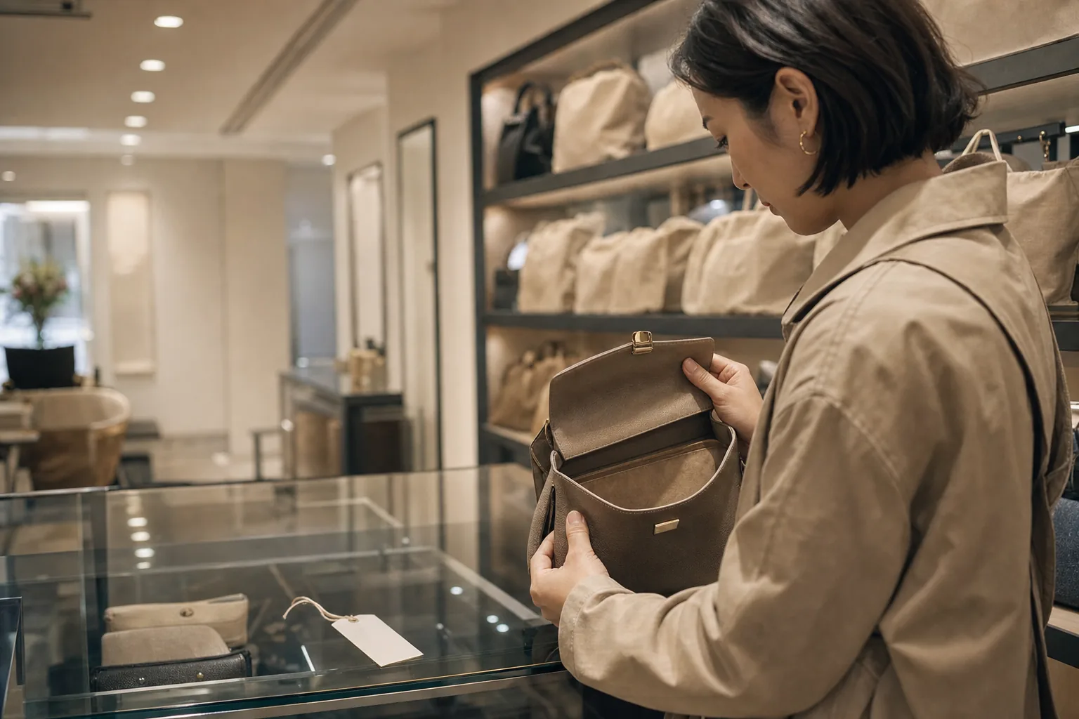 Hands inspecting the interior of an unbranded pre-owned handbag at a Japanese resale boutique counter