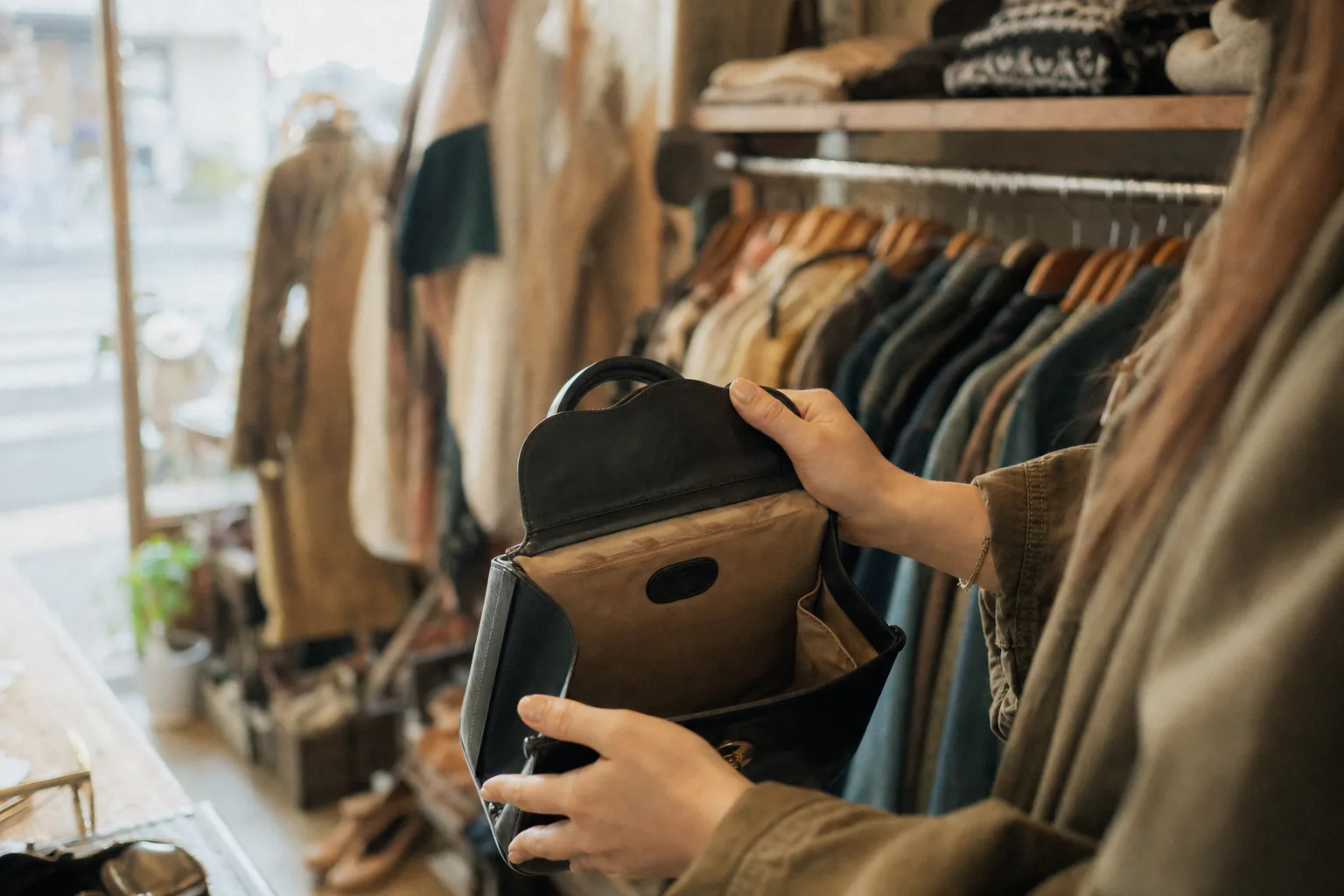 Hands opening a plain leather handbag to inspect the interior pocket inside a dim vintage boutique