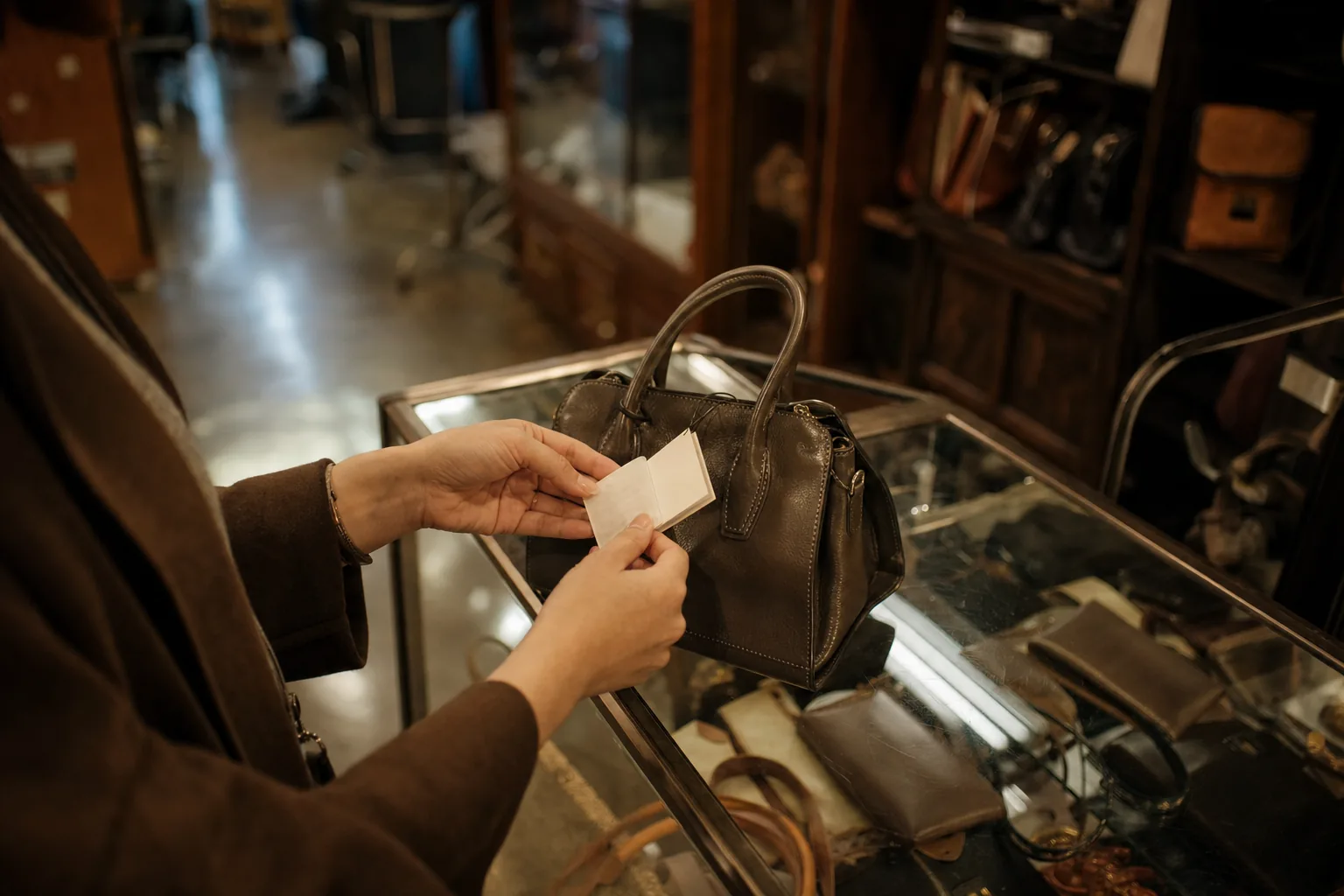 Hands reading a small paper condition tag on an unbranded leather bag resting on a glass display case in a pre-owned goods