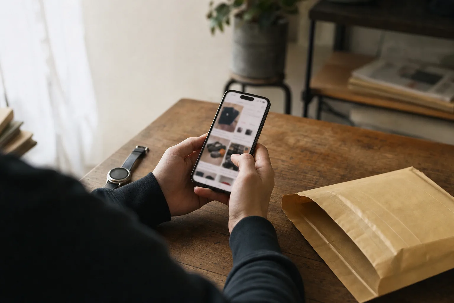 Hands holding a smartphone with a Japanese resale app listing, next to an unbranded watch and an unsealed kraft envelope on