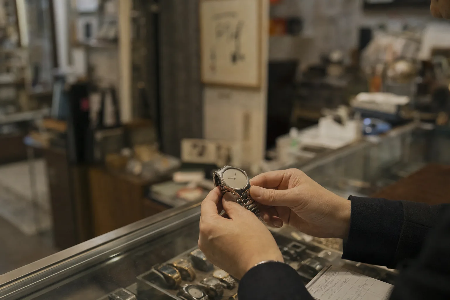 Hands holding an unbranded watch above a glass counter beside a handwritten Japanese condition sheet in a narrow resale shop