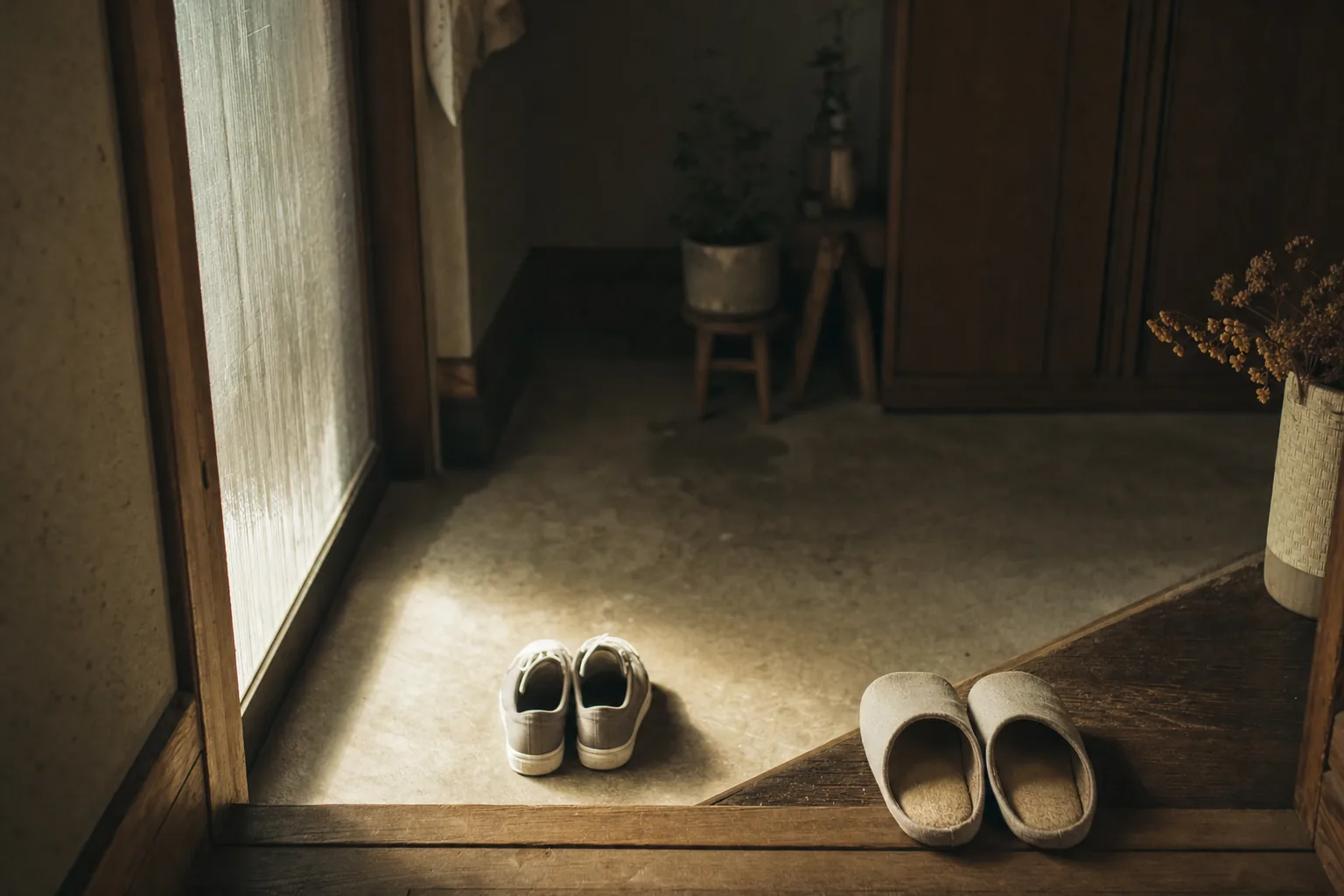 Unbranded sneakers removed at a Japanese genkan threshold, house slippers waiting on the raised wooden floor above